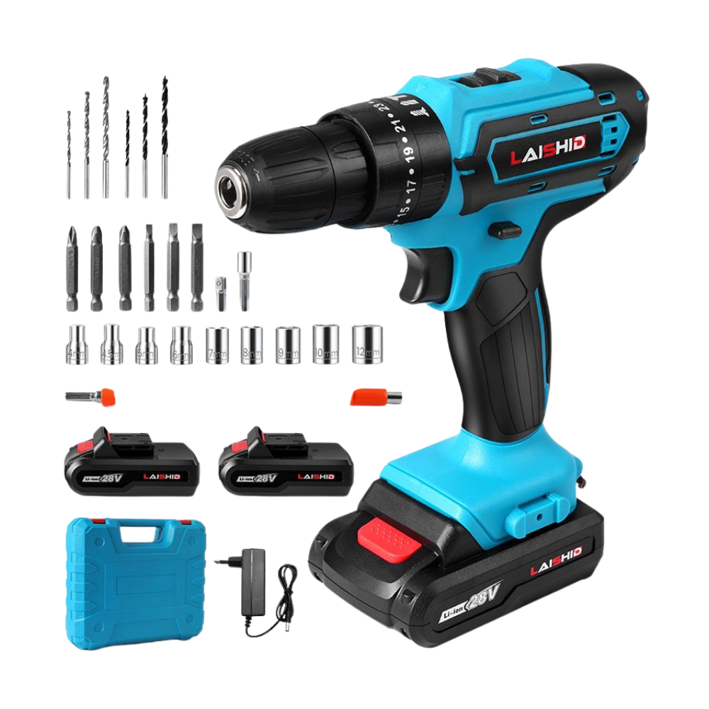 Taladro Inalámbrico 28V + 2 Baterías + Maletín con Accesorios