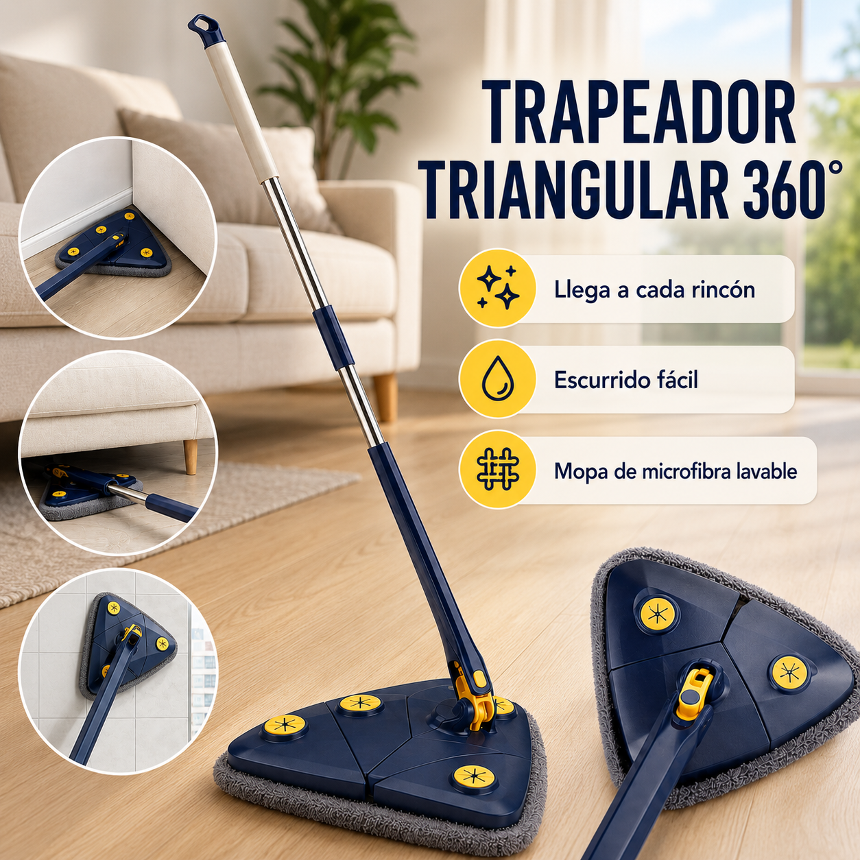 Trapeador Triangular Giratorio 360º - Autoescurrible con Mopa de Microfibra