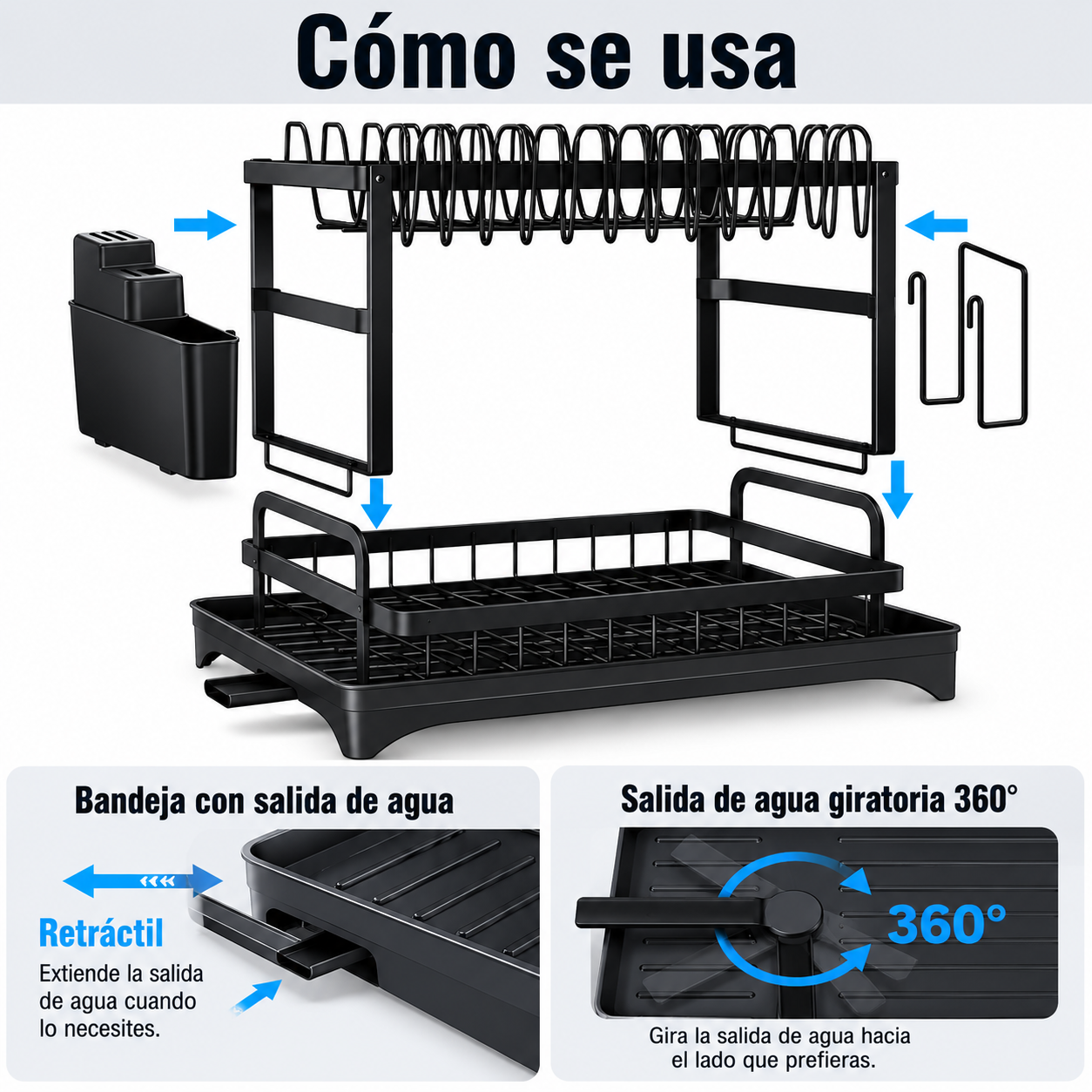 Escurridor de Platos de 2 Niveles con Drenaje Automático