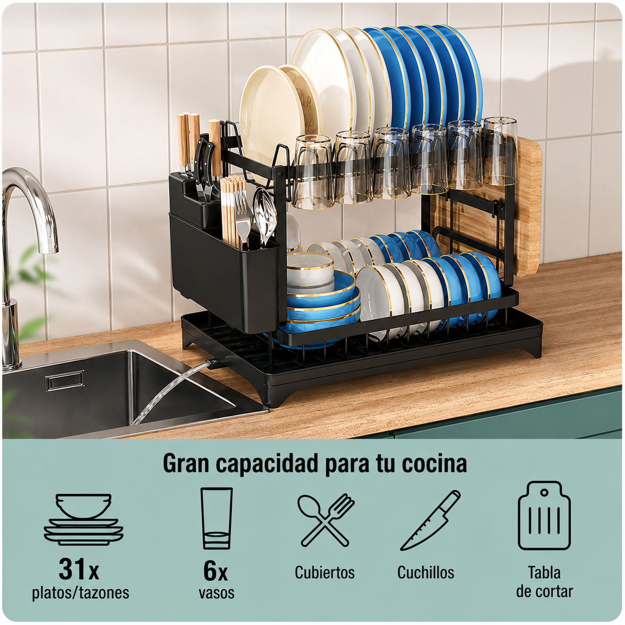 Escurridor de Platos de 2 Niveles con Drenaje Automático